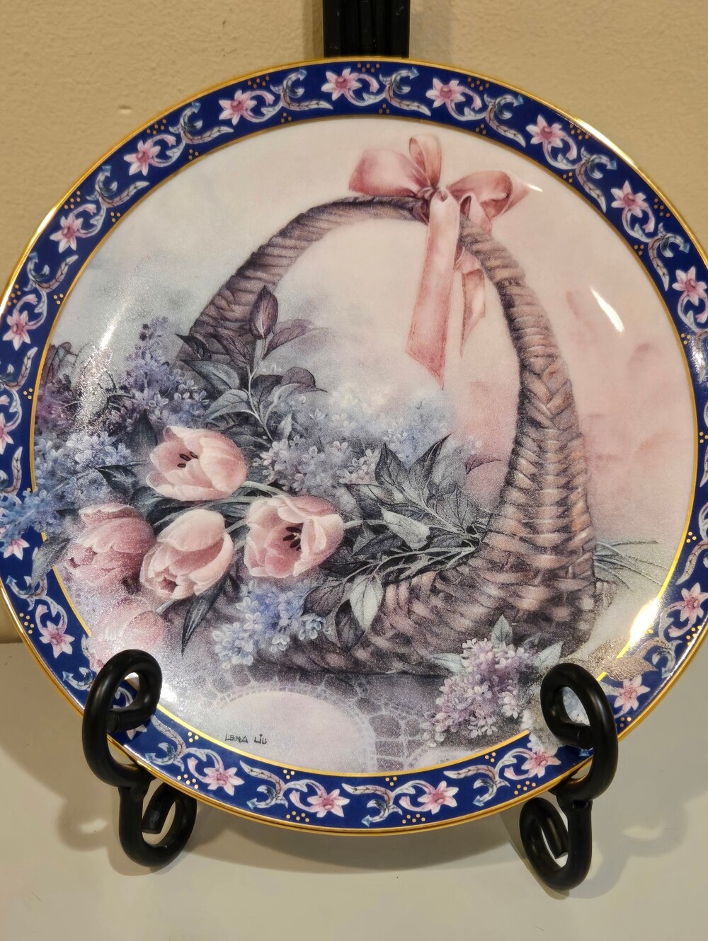 Vintage Lena Liu's Floral Basket Collector Plate with Blue & Pink Border